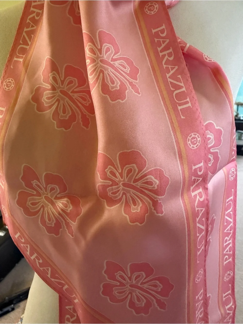Parazul Pink Floral 100% Silk  Scarf with Hibiscus Hawaian classic twilly